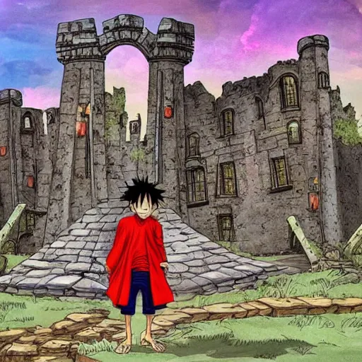 Image similar to luffy in the harry potter universe far away at some ruins from a castle. a wizard is already there and summons a portal that would take me back home.