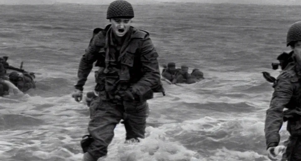 Prompt: Film still of Daniel Radcliffe storming beaches of Normandy in Saving Private Ryan