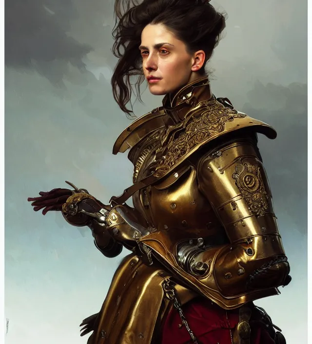 Image similar to portrait of a napolitano woman wearing a traditional nineteenth century kingdom of naples military jacket, metal shoulder pauldrons, intricate, highly detailed, digital painting, artstation, concept art, sharp focus, cinematic lighting, illustration, art by artgerm and greg rutkowski, alphonse mucha, cgsociety