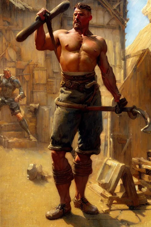 Image similar to muscular sweaty male blacksmith, forgehouse painting by gaston bussiere, craig mullins, j. c. leyendecker, tom of finland