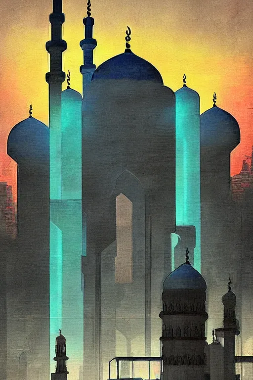 Prompt: painting of a mosque, cyberpunk style