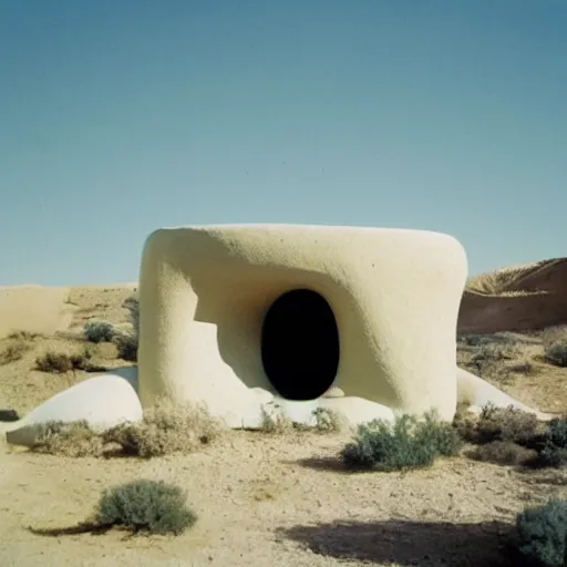 Image similar to an orb-like clay house sitting in the desert, vintage photo, beautiful cinematography, blue sky, film grain