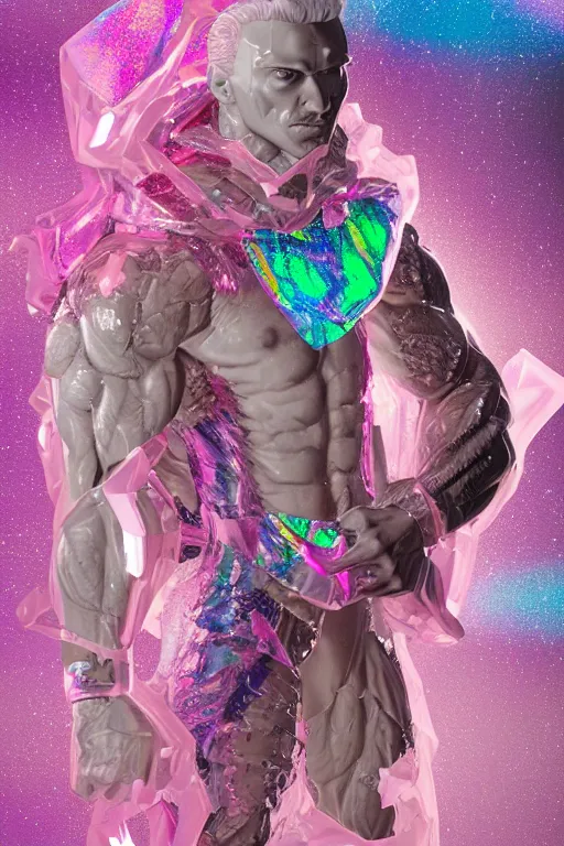 Image similar to hyper detailed ultra sharp fullbody photo of baroque and cyberpunk transparent pink gem sculpture of a muscular seductive muscular macho italian man feeling muy cachondo, muy dotado, iridescent humanoid deity wearing pink plastic seethrough cloak, holding a rainbow tiger gem, blue diamond, glowing pink face, crown of white diamonds, cinematic lighting, photorealistic, octane render 8 k