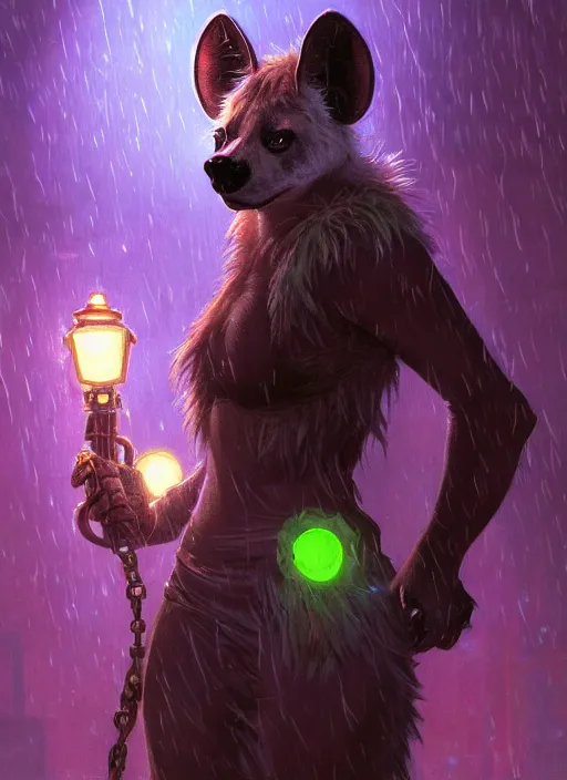 Image similar to beautiful full-body portrait commission of a [female furry anthro!!! spotted hyena fursona] [wearing jedi robes] [in a cyberpunk city at night in the rain]. Neon light. Atmospheric. Renowned character illustration by greg rutkowski, thomas kindkade, alphonse mucha, loish, norman rockwell. detailed, dungeons and dragons character art