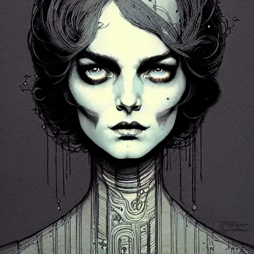 Image similar to portrait low light, by killian eng and joe fenton and martin deschambault and conrad roset, inspired by victorian sandman comic, blue and grey only, etching, fine, sharp high detail,