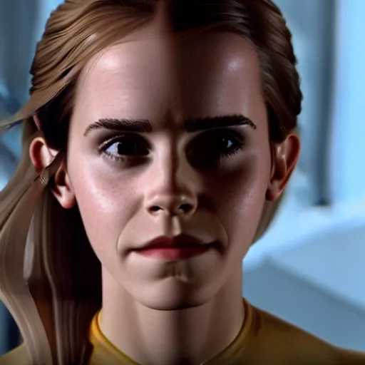 Image similar to Emma Watson in Star Trek, XF IQ4, f/1.4, ISO 200, 1/160s, 8K, Sense of Depth, color and contrast corrected, unedited, RAW, Dolby Vision, symmetrical balance, in-frame