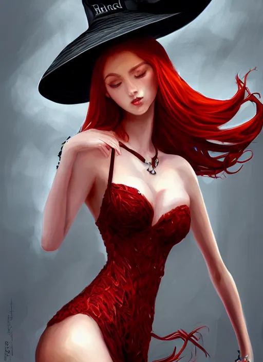 Prompt: a highly detailed illustration of tall beautiful red haired lady wearing black spaghetti strap dress and sun hat, elegant pose, perfect face, perfect body, perfect eyes, intricate, elegant, highly detailed, centered, digital painting, artstation, concept art, smooth, sharp focus, league of legends concept art, wlop.