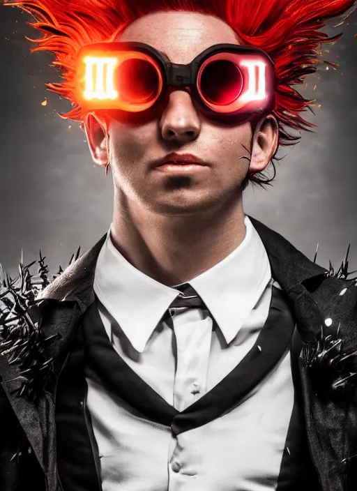 Image similar to An epic fantasy comic book style portrait painting of young man with long red spiked hair. Wearing a black waistcoat, white shirt, using googles. Blasting fire on his hands. Unreal 5, DAZ, hyperrealistic, octane render, cosplay, RPG portrait, dynamic lighting