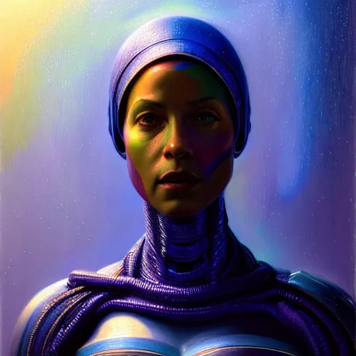 Image similar to ( ( ( ( ( hyperrealist distant portrait of tali'zorah on a blue planet where it rains colors. ) ) ) ) ) by donato giancola, fantasy, photorealistic, octane render, unreal engine, dynamic lighting, trending on artstation, poster, volumetric lighting, very detailed faces, 4 k, award winning