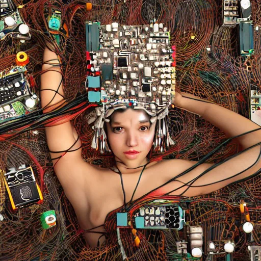 Prompt: piles of modular synth cables mixed with mangrove roots mixed with old video game consoles, kawaii puerto rican goddess chilling out wearing a headpiece made of circuit boards, by cameron gray, wlop, stanley kubrick, masamune, hideki anno, jamie hewlett, unique perspective, epic, trending on artstation, 3 d render, vivid