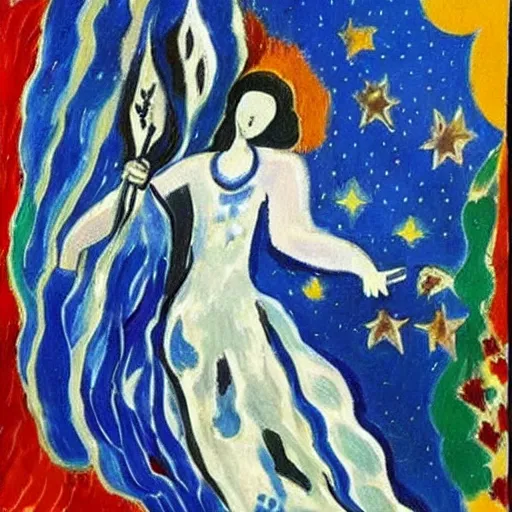 Image similar to The conceptual art features a woman with wings made of stars, surrounded by a blue and white night sky. The woman is holding a staff in one hand, and a star in the other. She is wearing a billowing white dress, and her hair is blowing in the wind. aboriginal art by Henri Matisse ghostly