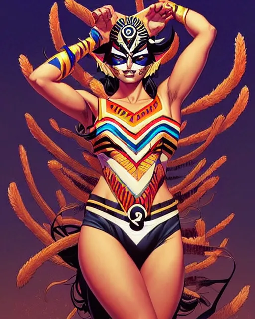 Image similar to artgerm, joshua middleton and sandra chevrier comic cover art, pretty full body danza azteca dancer, symmetrical eyes, scales, beautiful, rim lighting, vivid colors