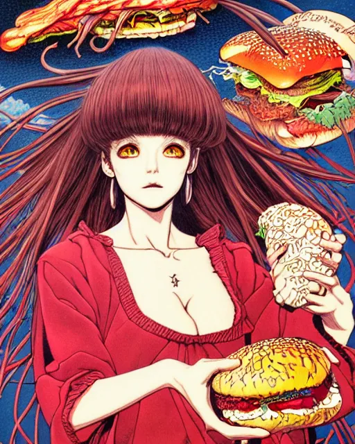 Image similar to hyper detailed illustration of a witch with a hamburger, intricate linework, lighting poster by moebius, ayami kojima, 9 0's anime, retro fantasy