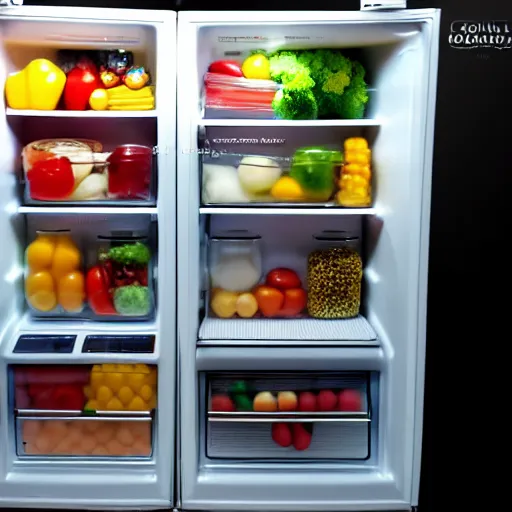 Image similar to fridge full of food, highly detailed, high quality, HD, 4k, 8k, Canon 300mm, professional photographer, 40mp, lifelike, top-rated, award winning, realistic, sharp, no blur, edited, corrected, trending