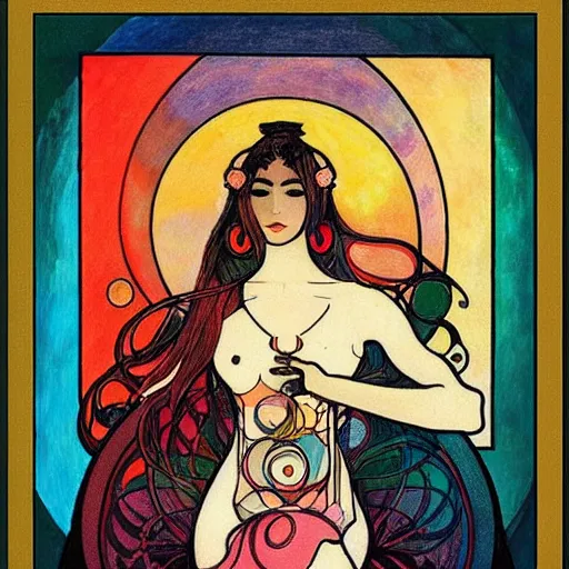 Image similar to The Goddess of Art, paint, ink, palettes, spectrum, in the style of Octavia Ocampo, Mucha, Kandinsky