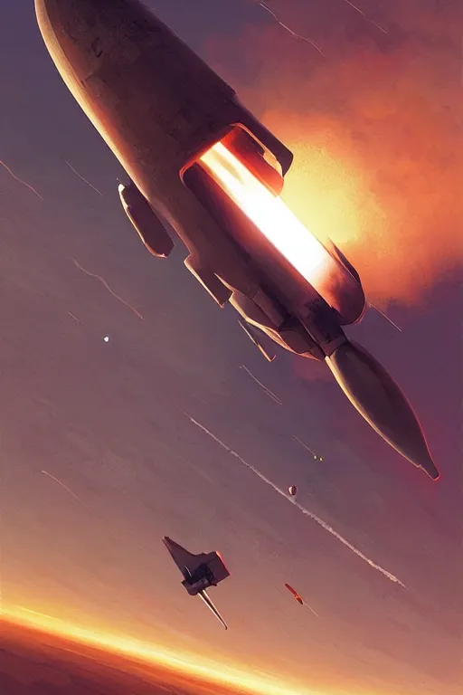 Image similar to poster artwork. distant rocket taking off. on the horizon. during golden hour. symmetry. washed out. desaturated. art by wlop, mars ravelo and greg rutkowski.