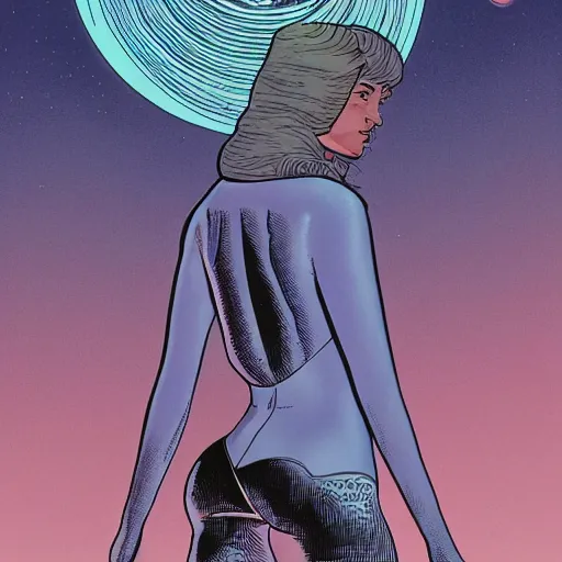 Prompt: kaia gerber retro minimalist portrait moebius starwatcher comic by jean giraud, 8 k