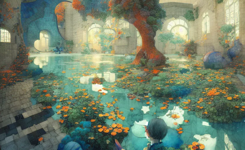 Image similar to tiled room squared waterway, fantasy. intricate, amazing composition, colorful watercolor, by ruan jia, by maxfield parrish, by marc simonetti, by hikari shimoda, by robert hubert, by zhang kechun, illustration, gloomy