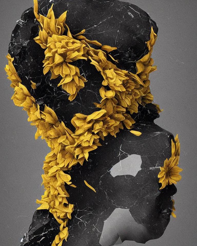 Image similar to symmetrical painting of a fractured obsidian greek statue of a sunflower fixed with kintsugi, rendered in octane trending on cgsociety. extremely detailed and intricate art