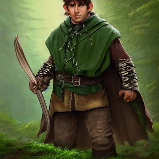 Prompt: a clean shaven rugged warrior hobbit in leather armor with very short hair and a dark green cloak and dark green hood hiking through the forest holding a hunting bow, clean shaven, trending on artstation, realistic, detailed, by Tony Sart