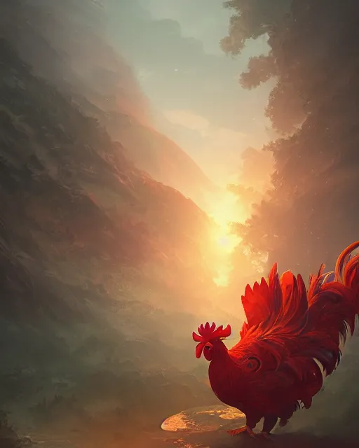 Image similar to humongous mysterious legendary rooster, frog view camera, beautiful illustration, mist, abstract, scifi, atmosphere, top lighting, focused, artstation, highly detailed, art by yuhong ding and chengwei pan and serafleur and ina wong