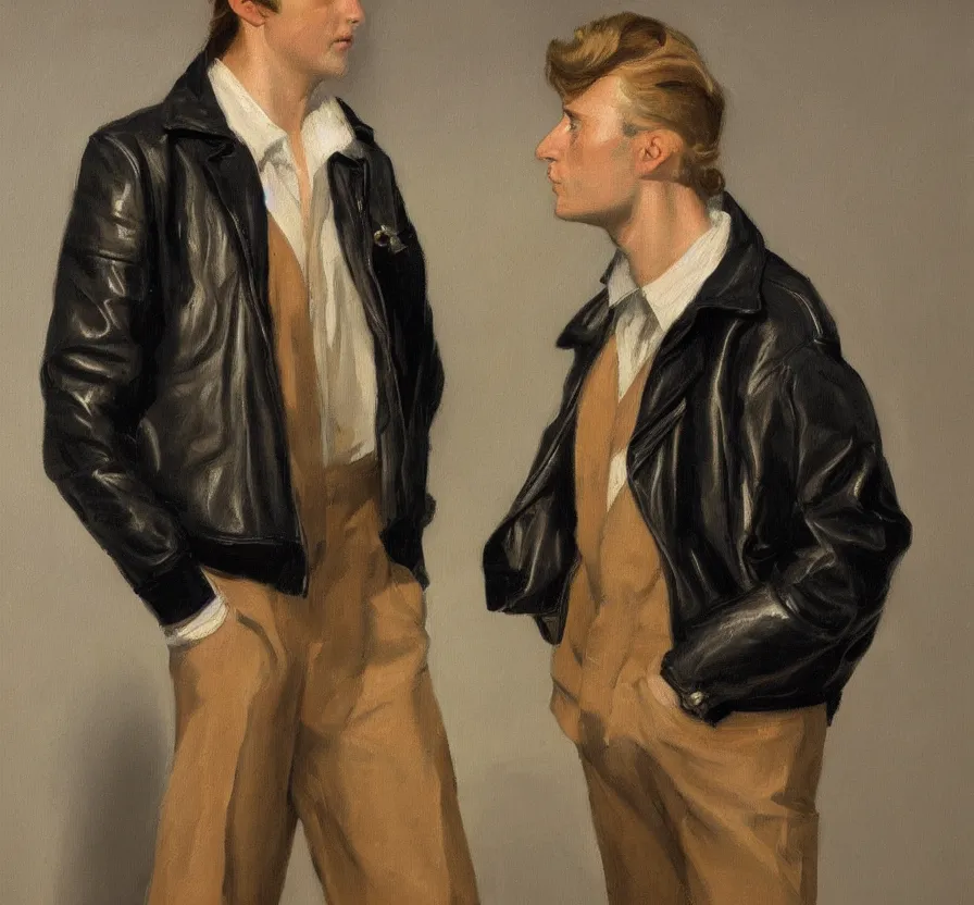 Image similar to a very detailed portrait of a man wearing an 8 0 s jacket with big shoulder pads, very aesthetic leather jacket, detailed closeup of leather jacket, front view, in the style of edward hopper and oswald hornby joseph birley and susan ryder, very small brushstrokes, 4 k,