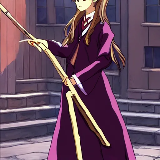 Prompt: emma watson as hermione granger as an anime character, holding a wand, standing in anime diagon alley