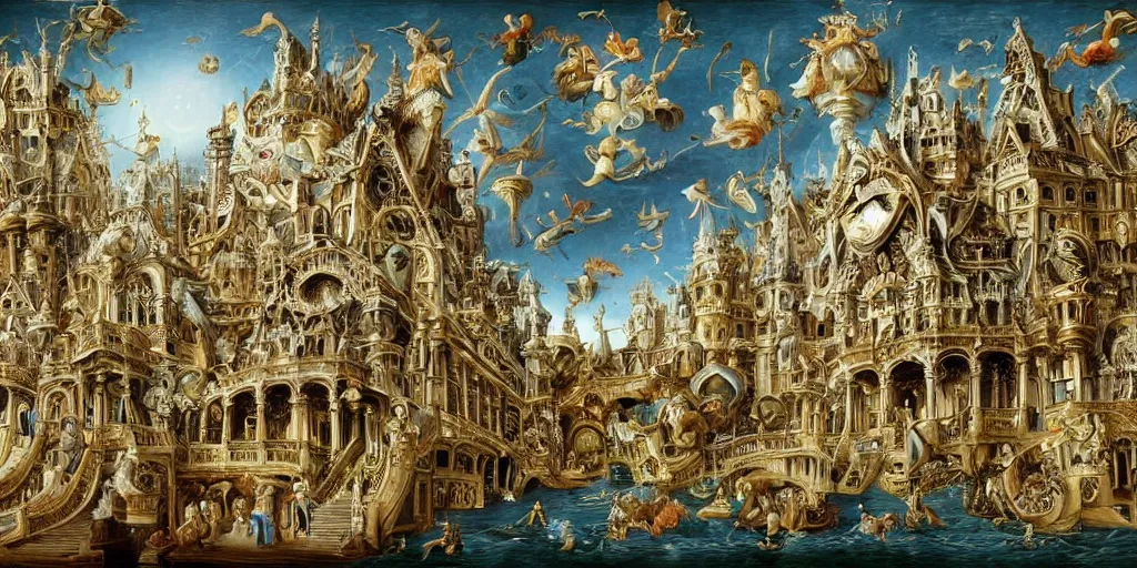 Prompt: beautiful!!! ornate heavenly!!! silver rococo megastructure in the style of heironymus bosch, prismatic intricate masterpiece, hyper detailed!, hd