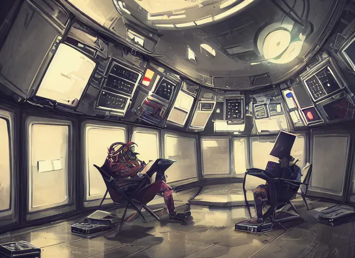 Image similar to a man sitting on a chair with things attached to his head, screens and monitors in front of him playing videos, ship interior, narrow hallway, scifi colors, dramatic lighting, dark, spotlight, surreal, by rutkowski, fuji choko, magali villeneuve