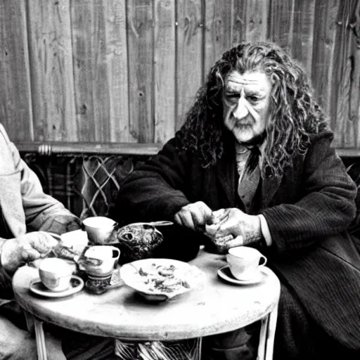 Prompt: JRR Tolkien and Robert plant having tea