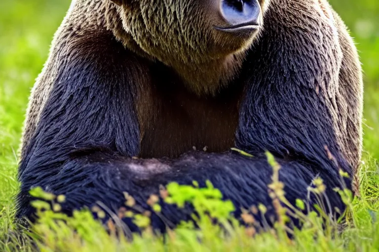 Image similar to a grizzly bear gorilla!!! hybrid! hyper realistic!! realistic lighting!! wildlife photographer of the year!!! bold natural colors, national geographic, hd, wide angle, 8 k