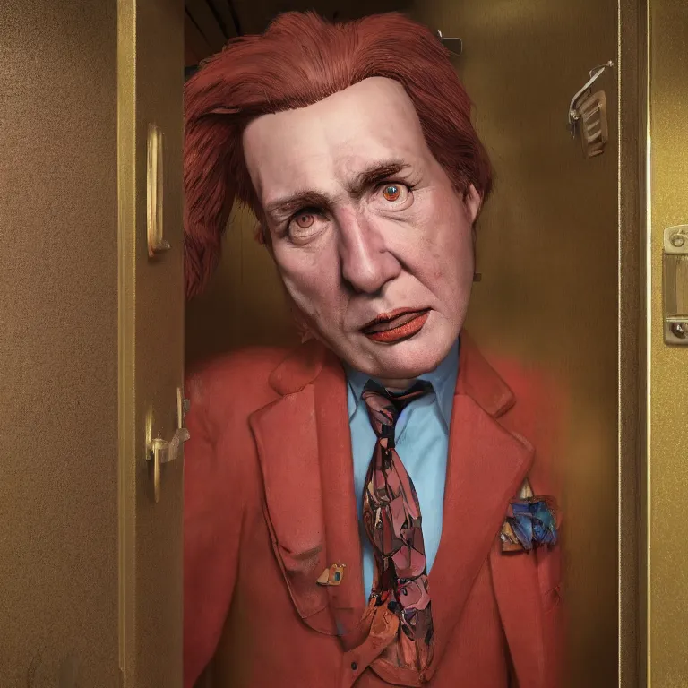 Image similar to professional octane render portrait by wayne barlow and carlo crivelli and glenn fabry, a sinister man in a bright colorful saturated wes anderson elevator operator costume inside a dark and moody vintage elevator in a high - end exotic vintage boutique hotel, very short depth of field, very sharp, high clarity