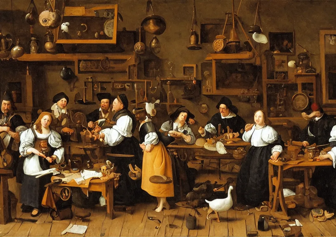 Prompt: Jan Steen. One Beautiful woman big in the center looking at us. Tools on wall. Swine. Dog. Duck. Window. Netherlands tavern, low ceiling, small chamber. Hyperrealistic, ultra detailed, 80mm, museum, artwork. Empty. Daylight.