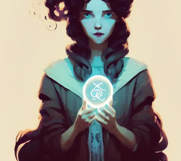 Image similar to portrait woman with long ginger curly hair, profane glowing rune, runes, by atey ghailan, by greg rutkowski, by greg tocchini, by james gilleard, by joe fenton, by kaethe butcher, by ashley wood, dynamic lighting, gradient light blue, brown, blonde cream and white color scheme, grunge aesthetic