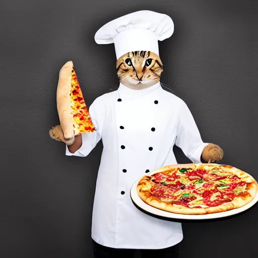 Prompt: studio photograph, a cat dressed as a chef taking a pizza out of an oven