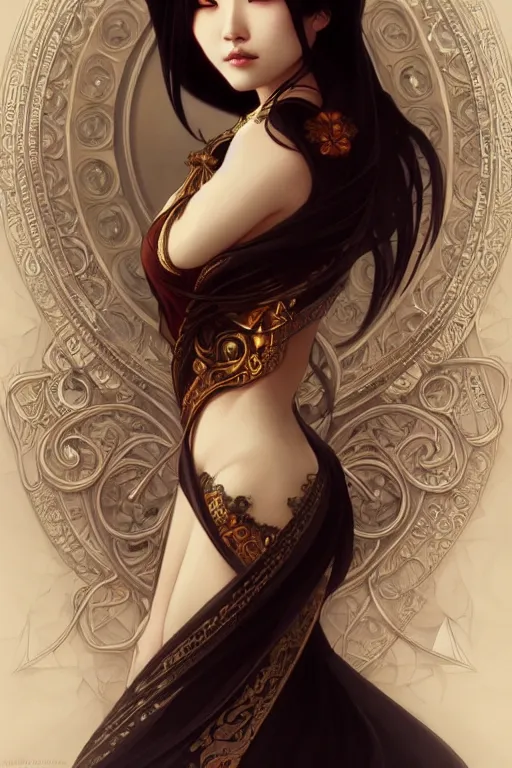 Image similar to asian, dark fantasy, intricate, elegant, highly detailed, digital painting, artstation, concept art, matte, sharp focus, illustration, art by artgerm and alphonse mucha