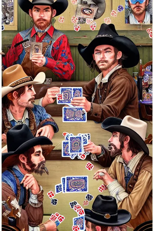 Image similar to full view, from a distance, of cowboys in the saloon playing card games, style of yoshii chie and hikari shimoda and martine johanna, highly detailed