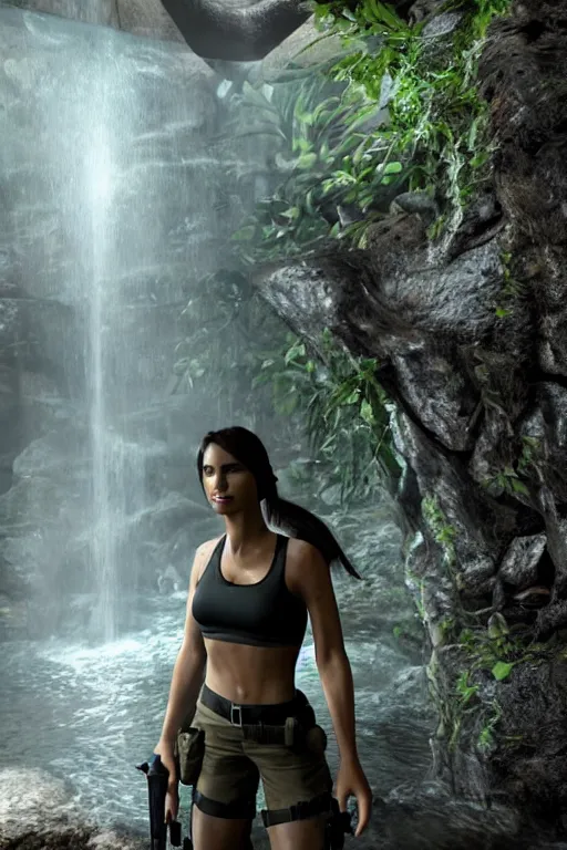 Image similar to film scene of lara croft, drenched body, wet dripping hair, emerging from the water, unreal engine