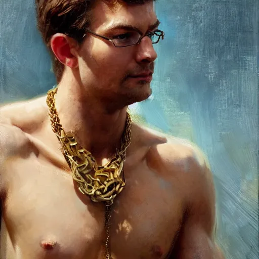 Image similar to detailed realistic cinematic wide shot of beautiful attractive muscular john green with gold chain wearing blue bath robe slim face symettrical face clean skin black eyes black robe smooth, sharp focus, ultra realistic, spring light, painting by gaston bussiere, craig mullins, j. c. leyendecker