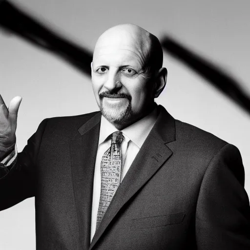 Prompt: Jim Cramer but Cramer's eyes are clocks the clocks are broken he has broken clocks for eyes the hands are falling off and gears are popping out other than that Jim Cramer is normal