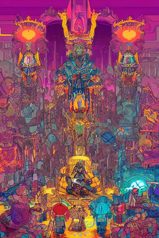 Image similar to hierarchy of the different kings as seen at the royal palace vector illustration vivid multicolor borderlands comics by josan gonzales and dan mumford radiating a glowing aura
