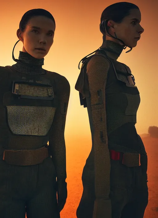 Image similar to cinestill 5 0 d photographic portrait by steve mccurry of two loving female androids wearing rugged black mesh techwear in a brutalist compound with a red sky, extreme closeup, cyberpunk style, dust storm, 8 k, hd, high resolution, 3 5 mm, f / 3 2, ultra realistic faces, ex machina