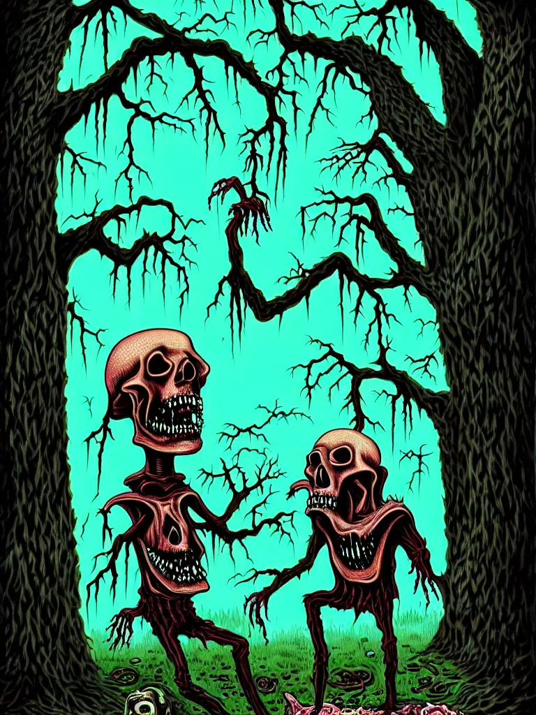 Image similar to full color vintage horror illustration of a freaky ghoul under dead trees with toilet paper streaming down, spooky lighting, pinterest