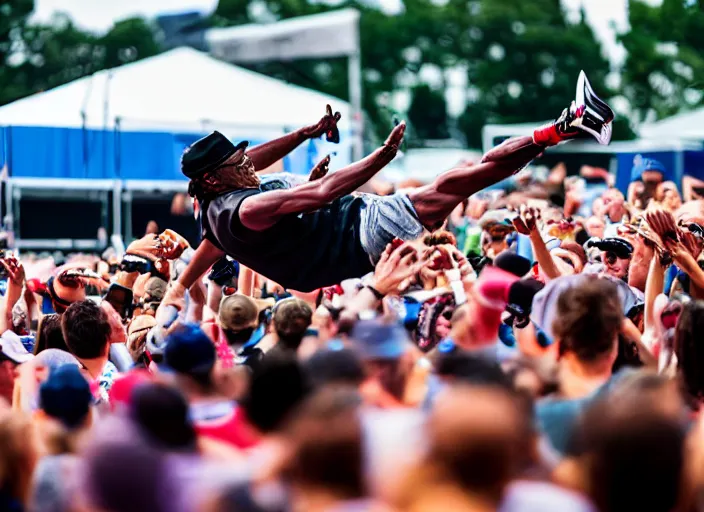 Image similar to photo still of samuel l jackson on stage at vans warped tour!!!!!!!! at age 3 3 years old 3 3 years of age!!!!!!!! stage diving into the crowd, 8 k, 8 5 mm f 1. 8, studio lighting, rim light, right side key light