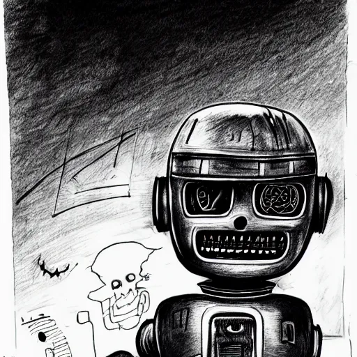 Prompt: a scary horror themed robot, drawn with charcoal and pen and ink
