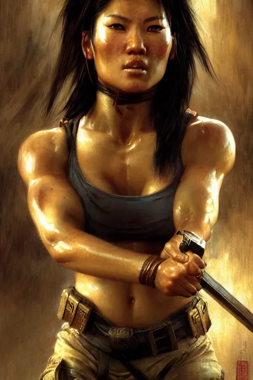 Prompt: muscular sweat chinese lara croft, exhausted face close up, highly detailed painting by gaston bussiere, craig mullins, j. c. leyendecker 8 k