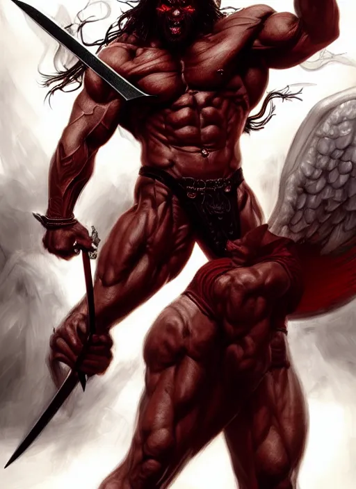 Image similar to portrait of aggressive demonic damned heracles slaying an angel, d & d, muscular! athetic slim bodybuilder, red and black, futuristic, fantasy, intricate, elegant, highly detailed, digital painting, artstation, concept art, smooth, sharp focus, illustration, art by artgerm and greg rutkowski and alphonse mucha