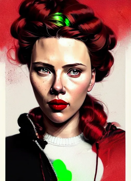 Image similar to highly detailed portrait of scarlett johanson with scarlet lips pogging, tartan hoody, photographic realistic background, ringlet hair by atey ghailan, by greg rutkowski, by greg tocchini, by james gilleard, by joe fenton, by kaethe butcher, gradient red, black, neon green cream and white color scheme, trending in pinterest, award winning details