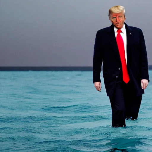 Image similar to dark footage of donald trump walking around the bottom of the ocean