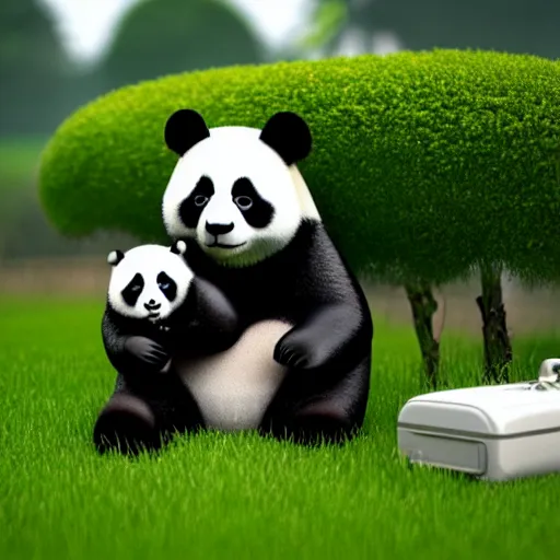 Image similar to a panda lawnmowing in his garden, cinematic, ray traced, octane render, cinematic lighting, ultrarealistic, featured on artstation, 8 k uhd artwork